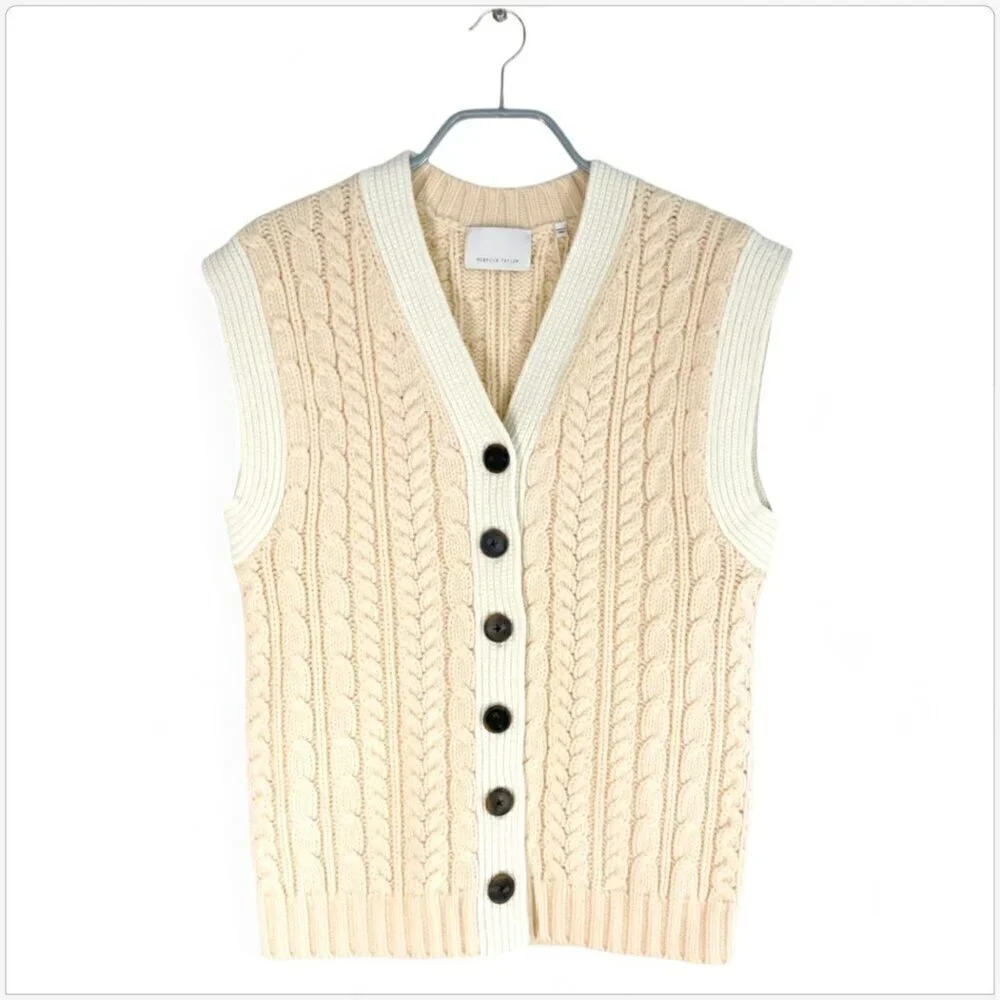 Rebecca Taylor Pearl Ivory White Cable Knit Contrast Vest Sweater Top NWT New S - Picture 5 of 8